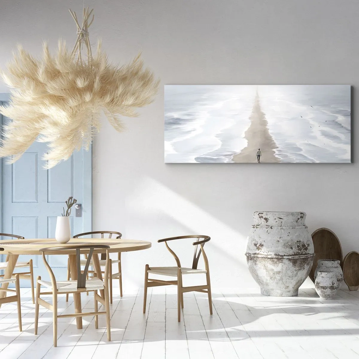 Bild auf Leinwand - Leinwandbild - Eine Figur auf einer einsamen Straße inmitten einer weiten Wasserlandschaft - 120x50cm - Glänzende Zukunft - Moderne Wanddekoration für Wohnzimmer und Schlafzimmer ARTTOR