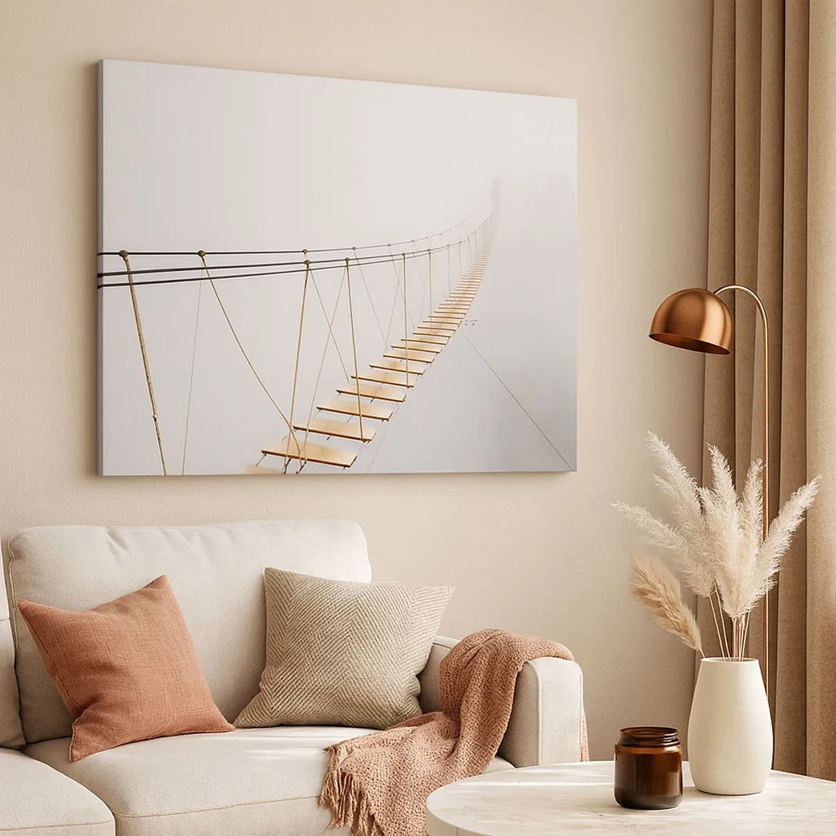 Bild auf Leinwand - Leinwandbild - Eine Hängebrücke im Nebel aus minimalistischer Perspektive - 70x50cm - Wohin wird es dich führen? - Moderne Wanddekoration für Wohnzimmer und Schlafzimmer ARTTOR