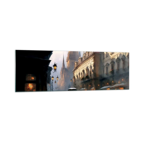 Glasbild - Bild auf glas - Abendliche Straßenszene mit historischer Architektur - 160x50cm - Charme eines Prager Abends - Moderne Wanddekoration für Wohnzimmer und Schlafzimmer ARTTOR
