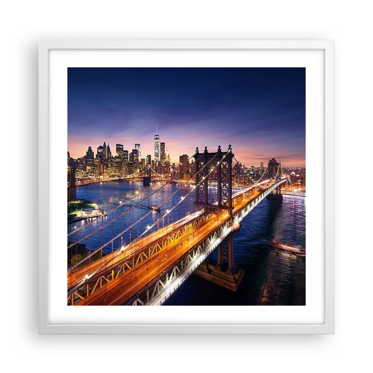 Poster in einem weißen Rahmen - Eine leuchtende Brücke zum Herzen der Stadt - 50x50 cm