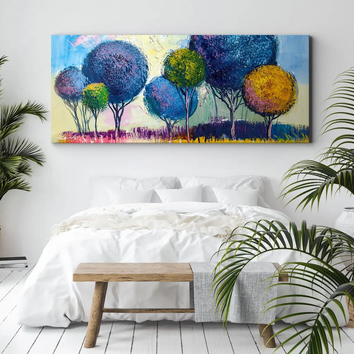 Bild auf Leinwand - Leinwandbild - Bunte kugelförmige Bäume vor dem Hintergrund einer Landschaft - 160x50cm - Kugel - die Form des Ideals - Moderne Wanddekoration für Wohnzimmer und Schlafzimmer ARTTOR