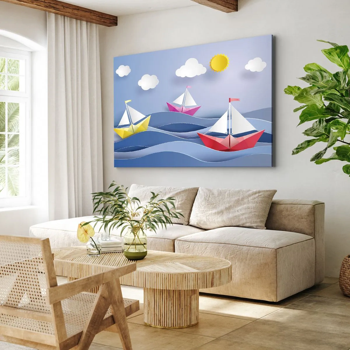 Bild auf Leinwand - Leinwandbild - Bunte Segelboote auf den Wellen an einem sonnigen Tag - 120x80cm - Ach, wie schön ist es, in den Wellen zu schwingen - Moderne Wanddekoration für Wohnzimmer und Schlafzimmer ARTTOR