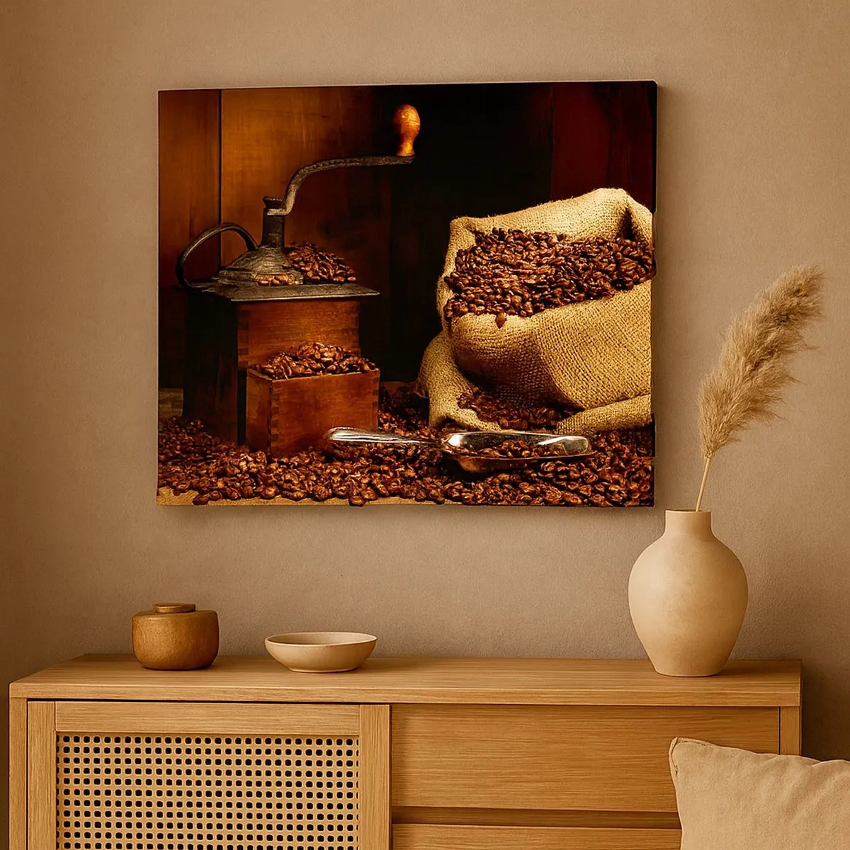 Bild auf Leinwand - Leinwandbild - Eine alte Kaffeemühle mit Bohnen und einer Tasche im rustikalen Stil. - 70x50cm - Stillleben mit Kaffeebohnen und einer Mühle - Moderne Wanddekoration für Wohnzimmer und Schlafzimmer ARTTOR
