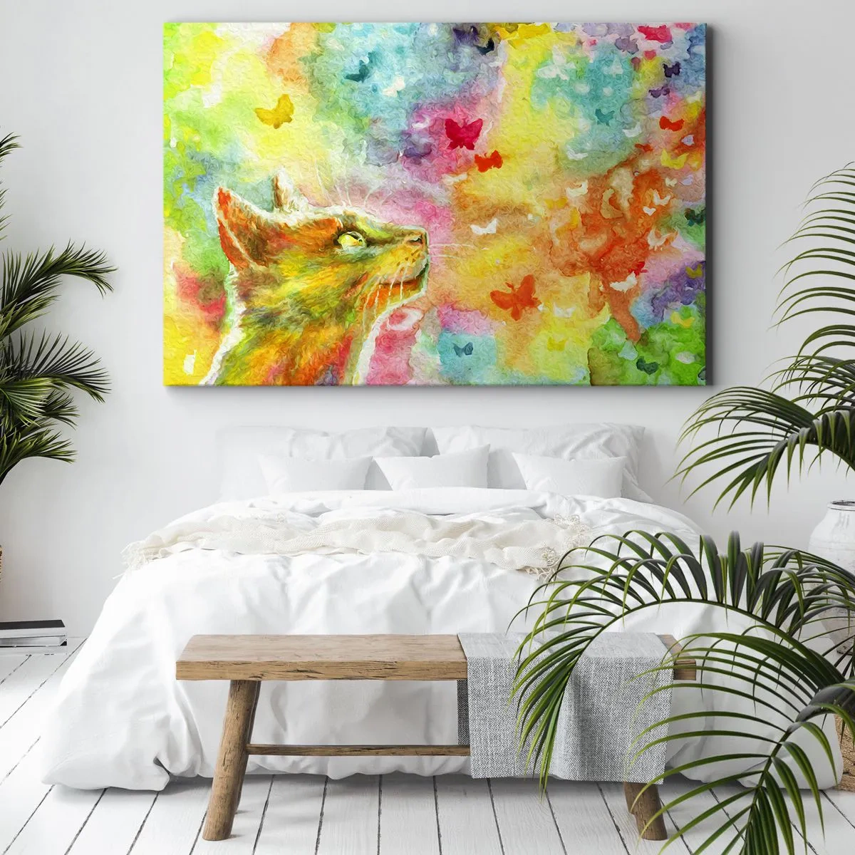 Bild auf Leinwand - Leinwandbild - Eine Katze umgeben von bunten Schmetterlingen - 70x50cm - Baju-baju im Katzenparadies - Moderne Wanddekoration für Wohnzimmer und Schlafzimmer ARTTOR