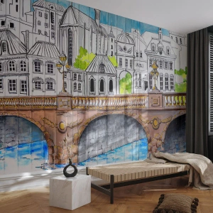 Fototapete Premium Canvas - Zeichnung der Brücke und historische Stadtarchitektur - 100x70cm - Die Stadt ist gemalt - Moderne Wanddekoration für Wohnzimmer und Schlafzimmer ARTTOR