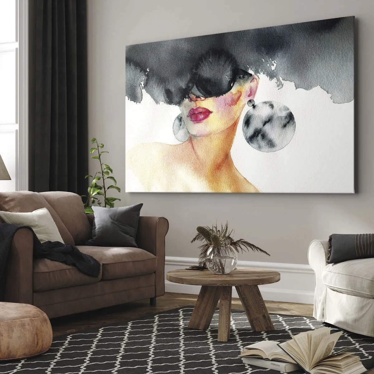 Bild auf Leinwand - Leinwandbild - Eine Frau mit stylischer Brille und großen Ohrringen - 70x50cm - Das Geheimnis der Eleganz - Moderne Wanddekoration für Wohnzimmer und Schlafzimmer ARTTOR