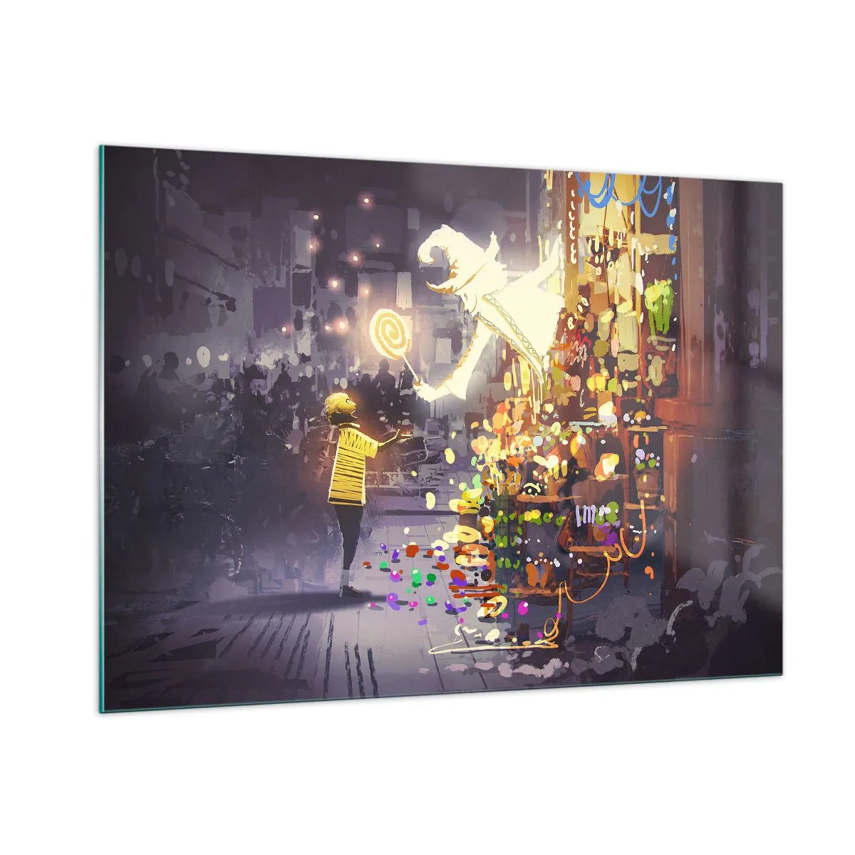 Glasbild - Bild auf glas - Ein Kind in einem hellen T-Shirt an einem hellen Stand voller bunter Süßigkeiten - 100x70cm - Magie ist da - Moderne Wanddekoration für Wohnzimmer und Schlafzimmer ARTTOR