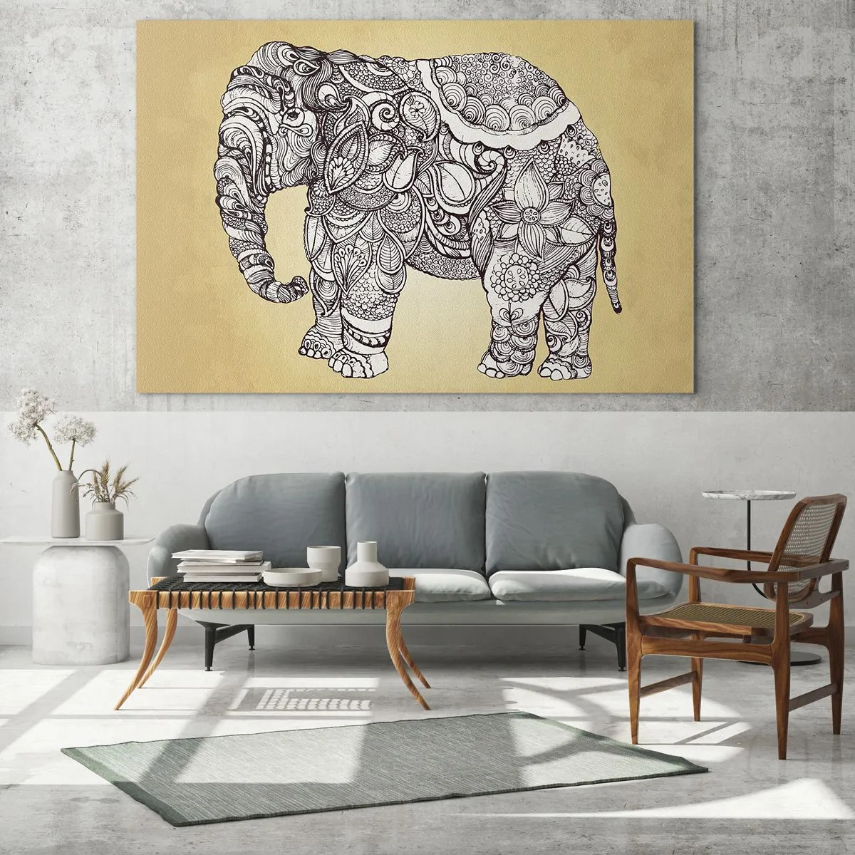 Glasbild - Bild auf glas - Schwarz-weißer Elefant mit orientalischen Mustern auf beigem Hintergrund - 120x80cm - Elefant verhüllte sich - Moderne Wanddekoration für Wohnzimmer und Schlafzimmer ARTTOR