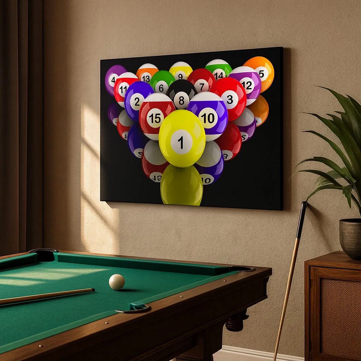 Bild auf Leinwand - Leinwandbild - Bunte Billardkugeln in einem Dreieck auf schwarzem Hintergrund angeordnet - 70x50cm - Verschiedene Spielfarben - Moderne Wanddekoration für Wohnzimmer und Schlafzimmer ARTTOR