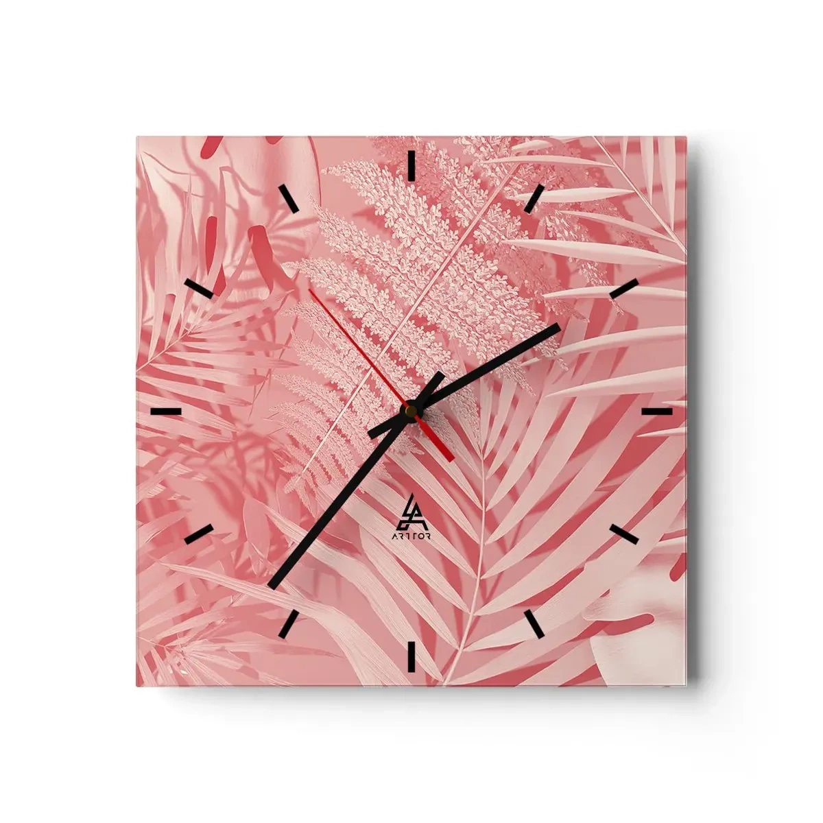 Wanduhr - Glasuhr - Rosa tropische Blätter in einem zarten und minimalistischen Stil - 30x30cm - Rosa Konzept - Moderne Wanddekoration für Wohnzimmer und Schlafzimmer ARTTOR