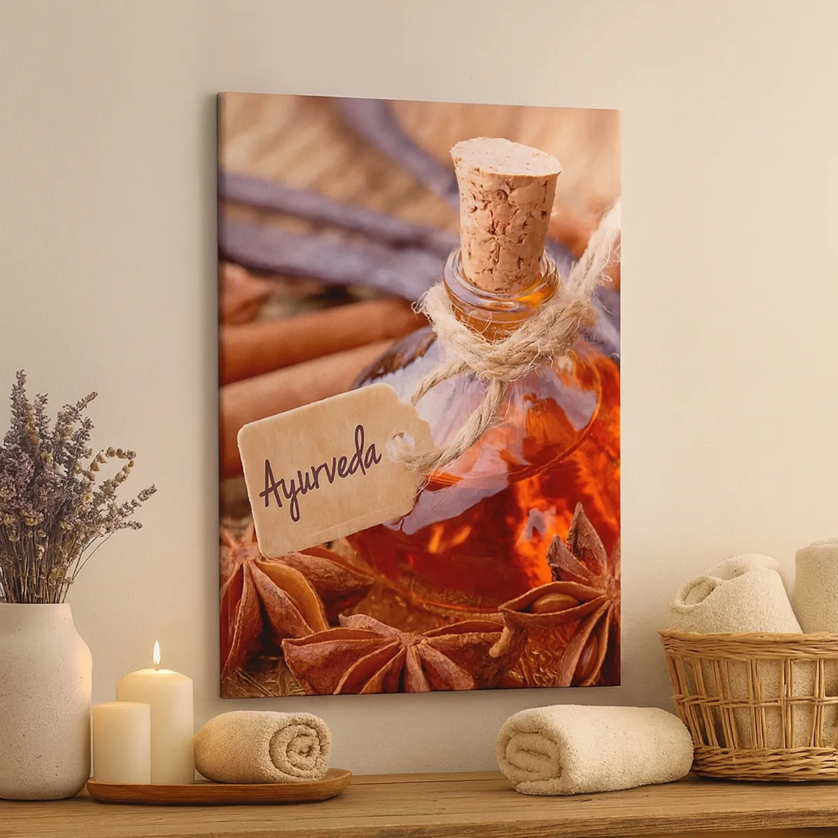 Bild auf Leinwand - Leinwandbild - Eine Flasche Gewürzöl auf einem Tablett - 50x70cm - Zur Einheit von Körper und Geist - Moderne Wanddekoration für Wohnzimmer und Schlafzimmer ARTTOR