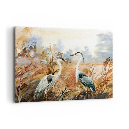 Bild auf Leinwand - Leinwandbild - Zwei Reiher vor dem Hintergrund einer herbstlichen Landschaft - 100x70cm - Wohin im Herbst? - Moderne Wanddekoration für Wohnzimmer und Schlafzimmer ARTTOR