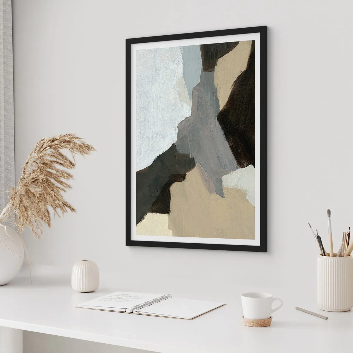 Poster in einem schwarzem Rahmen - Abstrakte Komposition in gedämpften Farben - 50x70cm - Abstraktion: Scheideweg des Graus - Moderne Wanddekoration für Wohnzimmer und Schlafzimmer ARTTOR