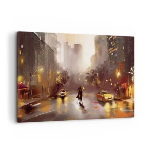 Bild auf Leinwand - Leinwandbild - Eine nächtliche Stadtszene im Licht der Straßenlaternen und Spiegelungen auf einer nassen Straße. - 100x70cm - Im Licht von New York - Moderne Wanddekoration für Wohnzimmer und Schlafzimmer ARTTOR