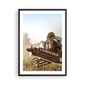 Poster in einem schwarzem Rahmen - Ein Kind in einem Holzflugzeug mit Sternen im Hintergrund - 50x70cm - Start in Richtung eines Traums - Moderne Wanddekoration für Wohnzimmer und Schlafzimmer ARTTOR