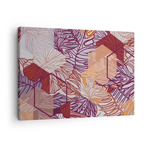 Bild auf Leinwand - Leinwandbild - Ein dekoratives tropisches Blattmuster in Lila-, Orange- und Beigetönen. - 70x50cm - Unmögliche Beziehung zwischen Geometrie und Natur - Moderne Wanddekoration für Wohnzimmer und Schlafzimmer ARTTOR