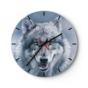 Wanduhr - Glasuhr - Ein Wolf mit gefletschten Zähnen auf einem kalten blauen Hintergrund - 30x30cm - Werden Sie die Herausforderung annehmen? - Moderne Wanddekoration für Wohnzimmer, Küche und Schlafzimmer ARTTOR