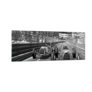 Glasbild - Bild auf glas - Monochrome Retro-Autorennen-Szene - 140x50cm - Vor langer Zeit in Monte Carlo - Moderne Wanddekoration für Wohnzimmer und Schlafzimmer ARTTOR