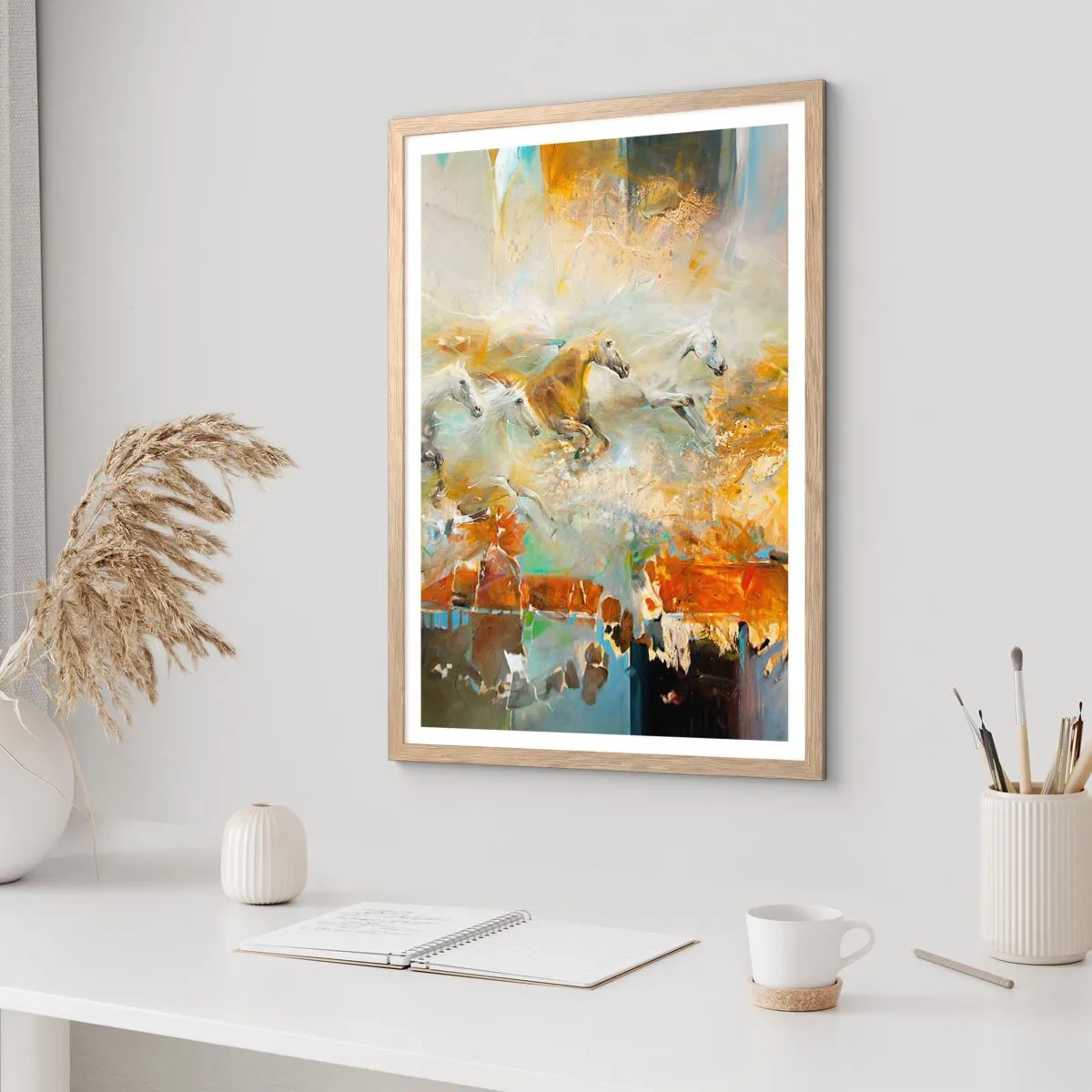 Poster in einem Rahmen aus heller Eiche - Im Galopp durch das Licht - 30x40 cm