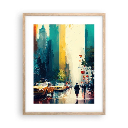 Poster in einem Rahmen aus heller Eiche - New York – selbst der Regen ist hier bunt - 40x50 cm