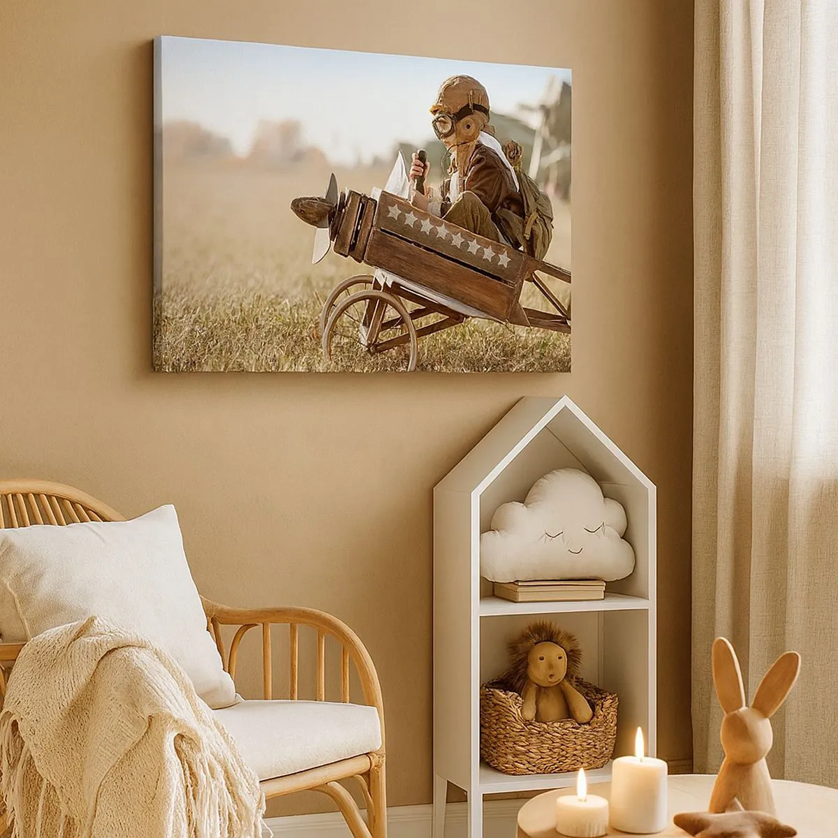 Bild auf Leinwand - Leinwandbild - Ein Kind in einem Spielzeugflugzeug mit einem Feld im Hintergrund - 70x50cm - Start in Richtung eines Traums - Moderne Wanddekoration für Wohnzimmer und Schlafzimmer ARTTOR