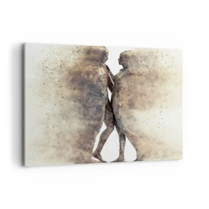 Bild auf Leinwand - Leinwandbild - Ein abstraktes Silhouettenduo in Sandtönen - 100x70cm - Sie erhoben sich aus dem Staub, um zu lieben - Moderne Wanddekoration für Wohnzimmer und Schlafzimmer ARTTOR