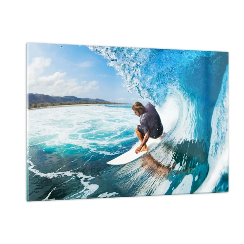 Glasbild - Bild auf glas - Surfer in einem Wassertunnel mit dem Ozean im Hintergrund - 120x80cm - Tanzen mit den Wellen - Moderne Wanddekoration für Wohnzimmer und Schlafzimmer ARTTOR