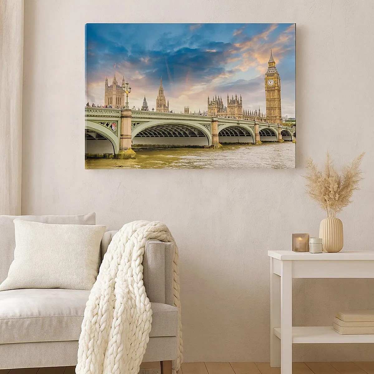 Bild auf Leinwand - Leinwandbild - Big Ben und Westminster Bridge gegen den Himmel in der Abenddämmerung - 70x50cm - Im Imperium ist die Zeit stehen geblieben - Moderne Wanddekoration für Wohnzimmer und Schlafzimmer ARTTOR