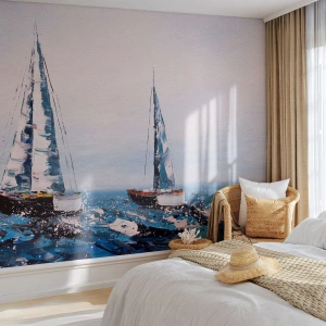 Fototapete Premium Sand - Zwei Segelboote auf stürmischer See im impressionistischen Stil - 100x70cm - Bruderschaft des Windes - Moderne Wanddekoration für Wohnzimmer und Schlafzimmer ARTTOR