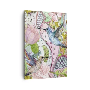 Bild auf Leinwand - Leinwandbild - Bunte Kolibris und Schmetterlinge zwischen den Pflanzen - 70x100cm - Verstrickt in Weinreben - Moderne Wanddekoration für Wohnzimmer und Schlafzimmer ARTTOR