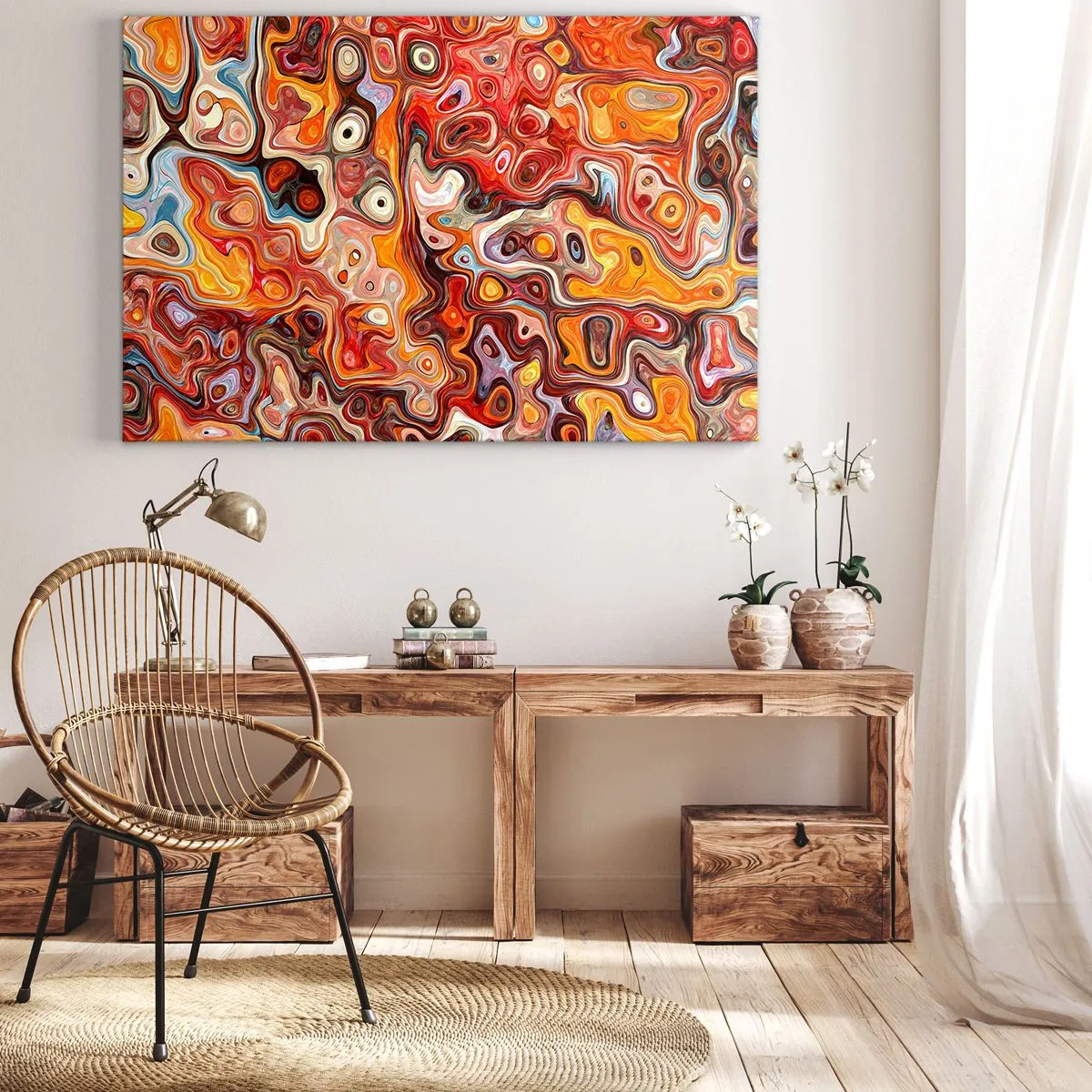 Bild auf Leinwand - Leinwandbild - Eine abstrakte Komposition in warmen Rot-, Orange- und Gelbtönen. - 120x80cm - Wenn die Nüsse in Honig geschmolzen sind - Moderne Wanddekoration für Wohnzimmer und Schlafzimmer ARTTOR