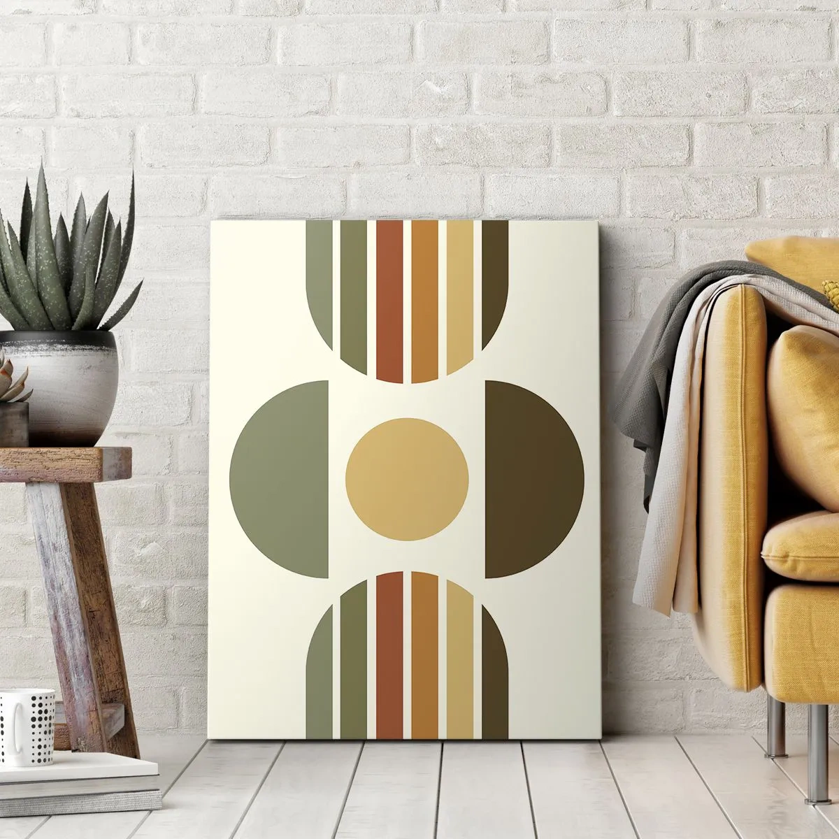 Bild auf Leinwand - Leinwandbild - Geometrische Komposition mit Halbkreisen und Streifen in Erdtönen - 80x120cm - In Erdtönen - Moderne Wanddekoration für Wohnzimmer und Schlafzimmer ARTTOR