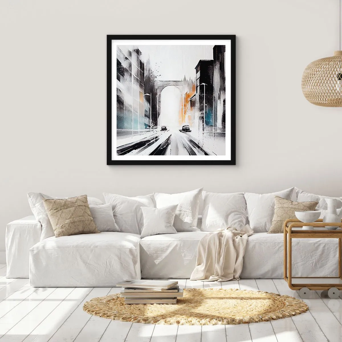 Poster in einem schwarzem Rahmen - Stadtstudie: Architektur und Bewegung - 30x30 cm