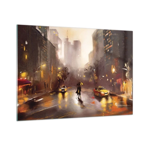 Glasbild - Bild auf glas - Stadt bei Nacht im Regen mit Taxis und der Silhouette eines Paares - 100x70cm - Im Licht von New York - Moderne Wanddekoration für Wohnzimmer und Schlafzimmer ARTTOR