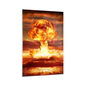 Glasbild - Bild auf glas - Atompilz-Explosion vor dem Hintergrund eines Sonnenuntergangs - 70x100cm - Und das Ende wird kommen - Moderne Wanddekoration für Wohnzimmer und Schlafzimmer ARTTOR