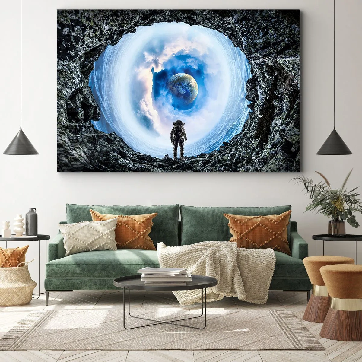Bild auf Leinwand - Leinwandbild - Astronaut vor einer Weltraumlandschaft mit der Erde im Hintergrund - 100x70cm - Es ist nicht weit von zu Hause - Moderne Wanddekoration für Wohnzimmer und Schlafzimmer ARTTOR