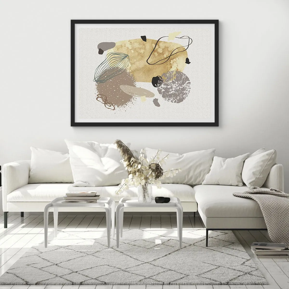 Poster in einem schwarzem Rahmen - Eine Komposition aus abstrakten Formen in Beige und Gelb. - 70x50cm - Angewandte Plumkologie - Moderne Wanddekoration für Wohnzimmer und Schlafzimmer ARTTOR
