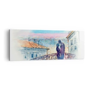 Bild auf Leinwand - Leinwandbild - Romantisches Paar auf einem Balkon mit Blick auf die Stadt - 140x50cm - Paris-Liebhaber - Moderne Wanddekoration für Wohnzimmer und Schlafzimmer ARTTOR