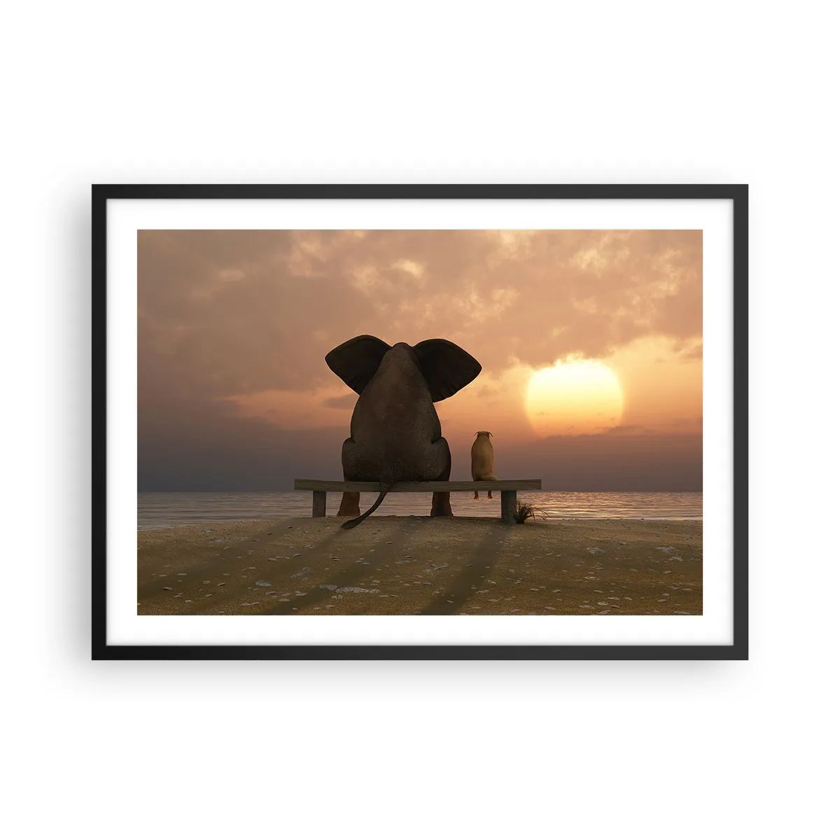 Poster in einem schwarzem Rahmen - Ein Elefant und ein Hund sitzen während des Sonnenuntergangs auf einer Bank am Strand. - 70x50cm - Es tut gut zusammen zu schweigen - Moderne Wanddekoration für Wohnzimmer und Schlafzimmer ARTTOR