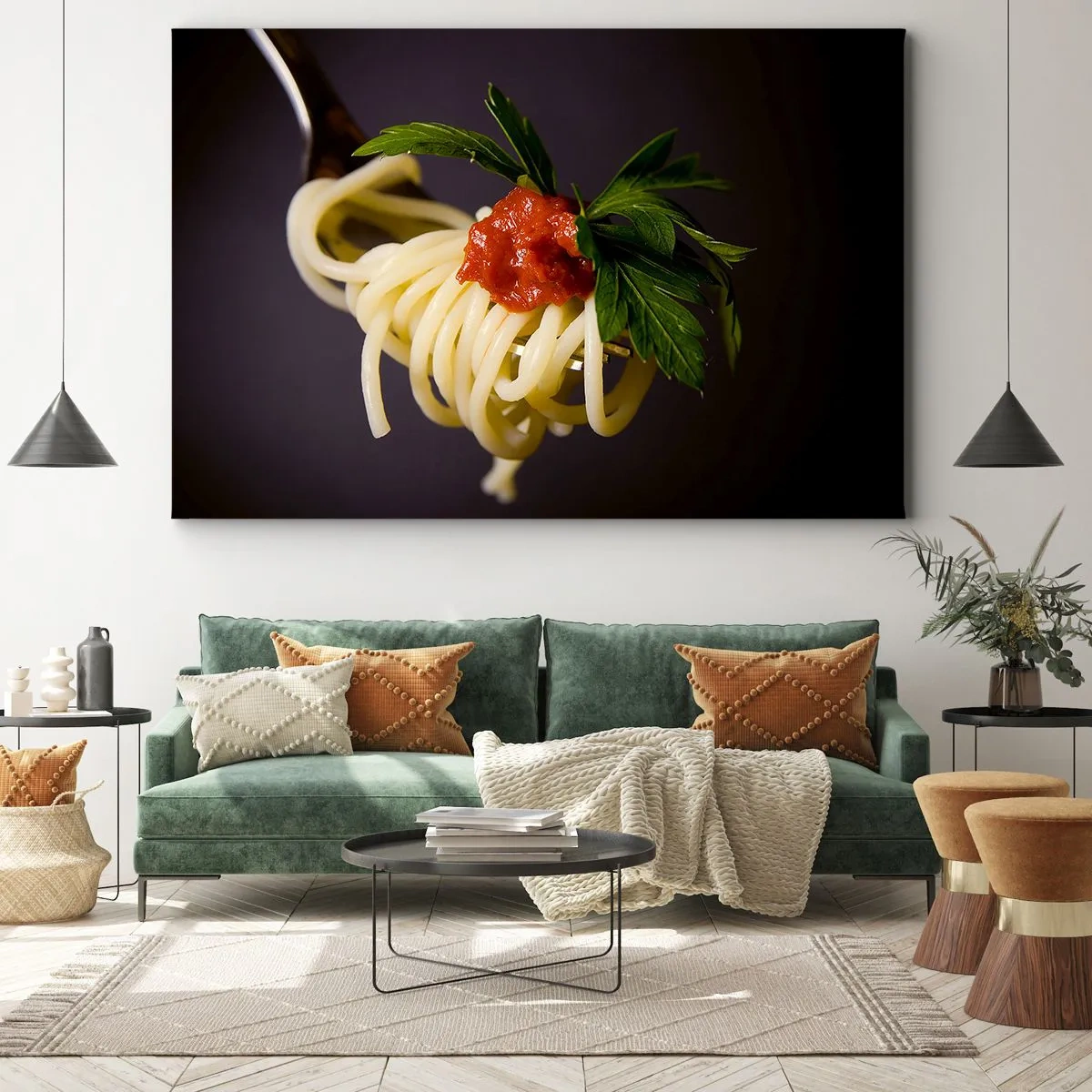 Bild auf Leinwand - Leinwandbild - Spaghetti auf einer Gabel mit Tomatensauce und Petersilie - 70x50cm - Ein leckerer Bissen - Moderne Wanddekoration für Wohnzimmer und Schlafzimmer ARTTOR