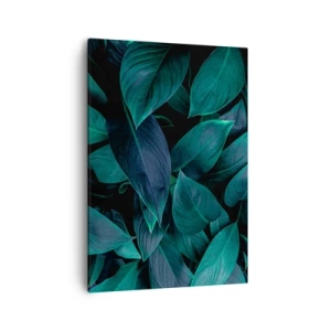 Bild auf Leinwand - Leinwandbild - Nahaufnahme von grünen Blättern mit dunklem Hintergrund - 50x70cm - Grün in sich selbst - Moderne Wanddekoration für Wohnzimmer und Schlafzimmer ARTTOR