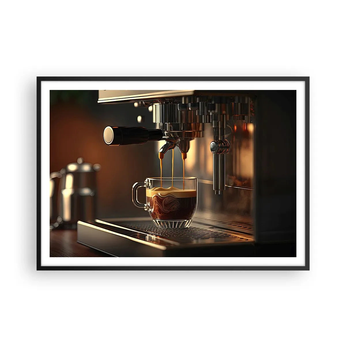 Poster in einem schwarzem Rahmen - Kaffeemaschine mit einer Tasse aromatischem Espresso - 100x70cm - Sinnliche Mischung - Moderne Wanddekoration für Wohnzimmer und Schlafzimmer ARTTOR