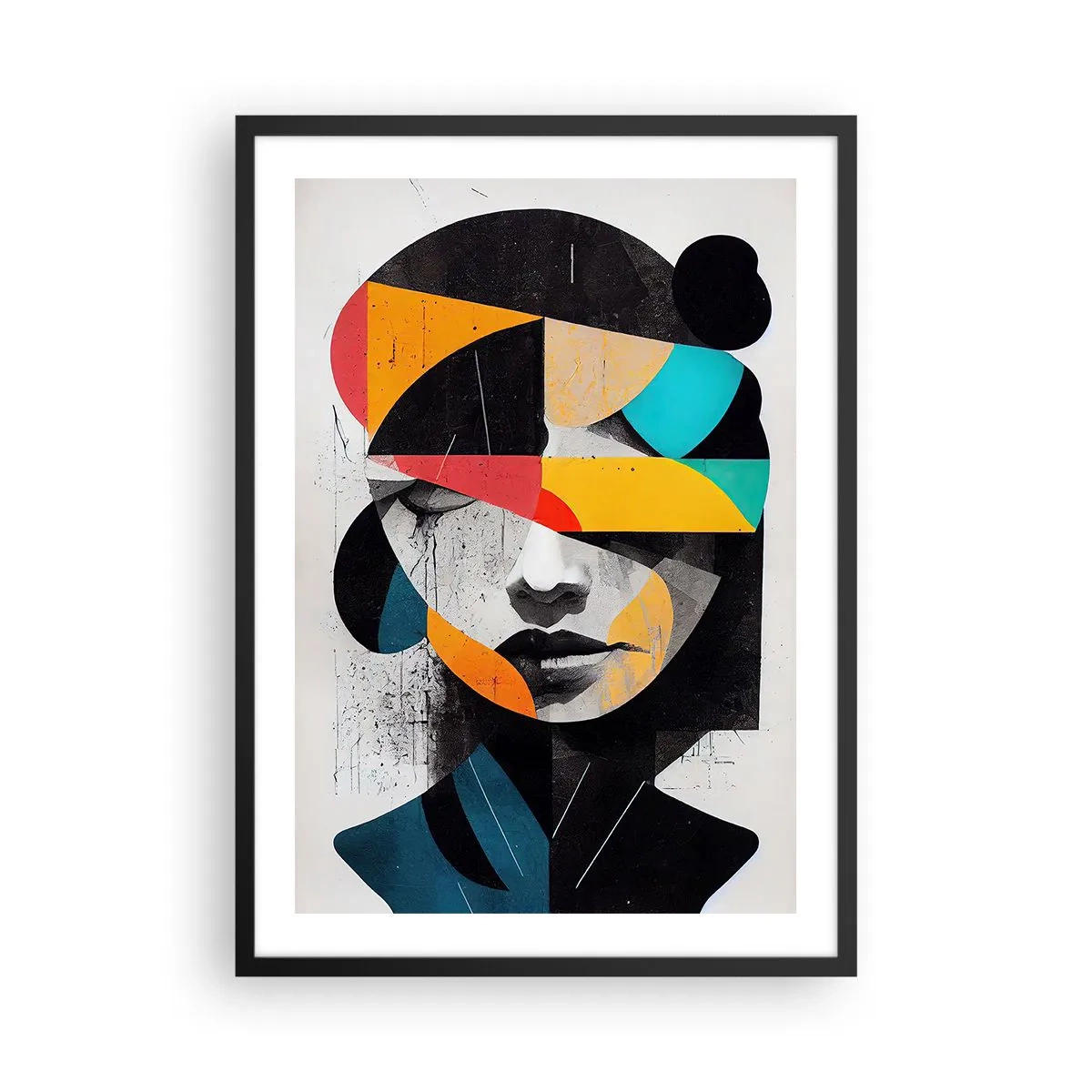 Poster in einem schwarzem Rahmen - Innenporträt, mehrfarbiges, stilisiertes abstraktes Porträt einer Frau - 50x70cm - Mehrfarbiges Innenporträt - Moderne Wanddekoration für Wohnzimmer und Schlafzimmer ARTTOR