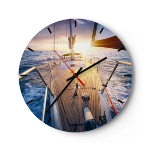 Wanduhr - Glasuhr - Eine Yacht auf hoher See, beleuchtet von den Strahlen der untergehenden Sonne - 30x30cm - Laufen unter den Wellen - Moderne Wanddekoration für Wohnzimmer, Küche und Schlafzimmer ARTTOR
