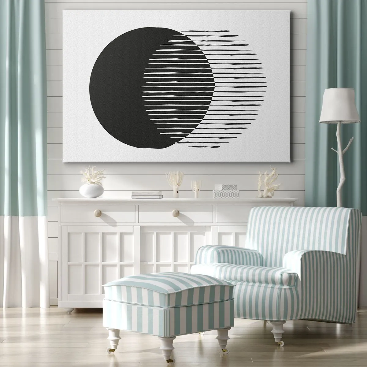 Bild auf Leinwand - Leinwandbild - Zwei überlappende Kreise mit schwarzen und weißen Linien - 70x50cm - Sein Alter Ego - Moderne Wanddekoration für Wohnzimmer und Schlafzimmer ARTTOR