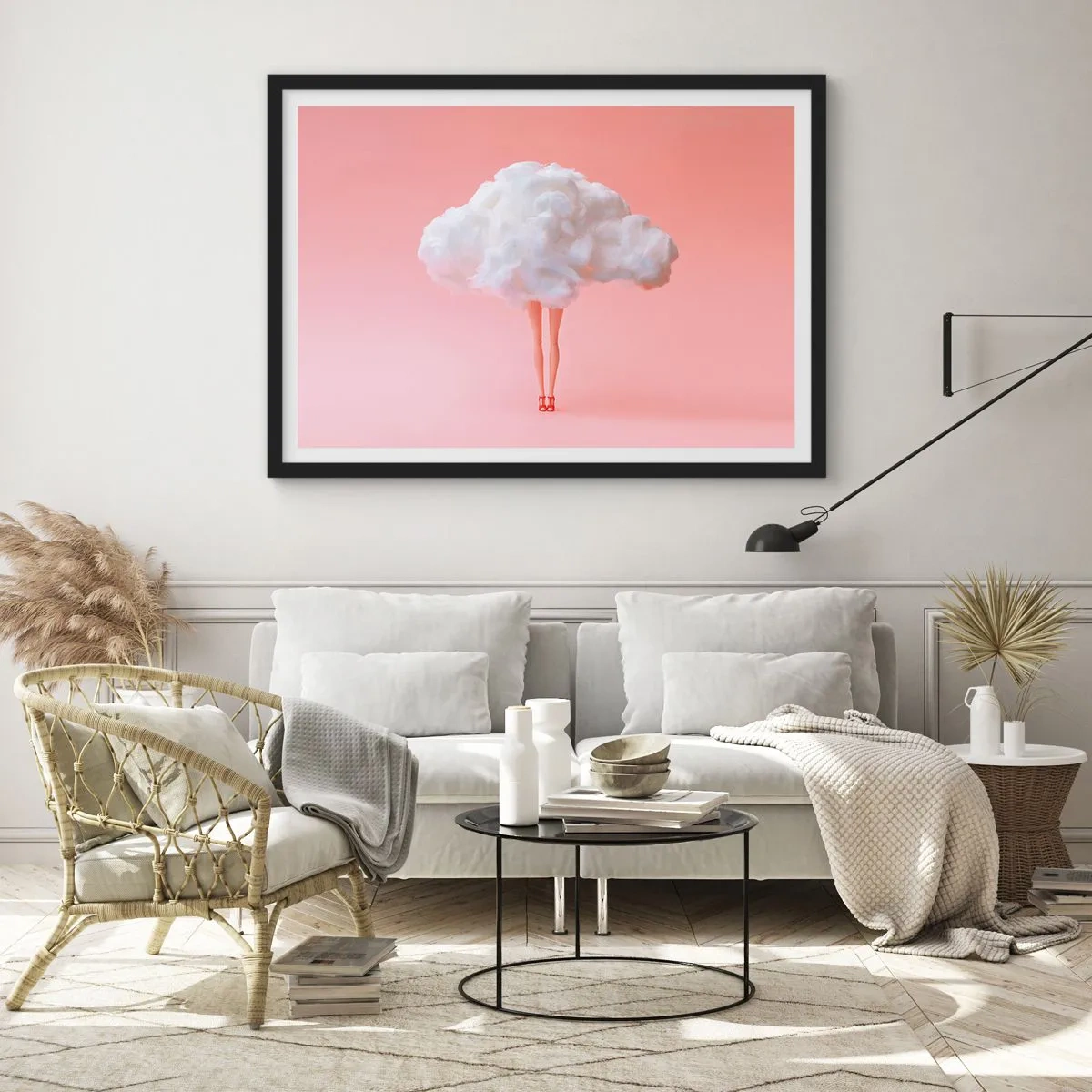 Poster in einem schwarzem Rahmen - Beine in einer Wolke auf rosa Hintergrund - 70x50cm - Süßes Versprechen - Moderne Wanddekoration für Wohnzimmer und Schlafzimmer ARTTOR