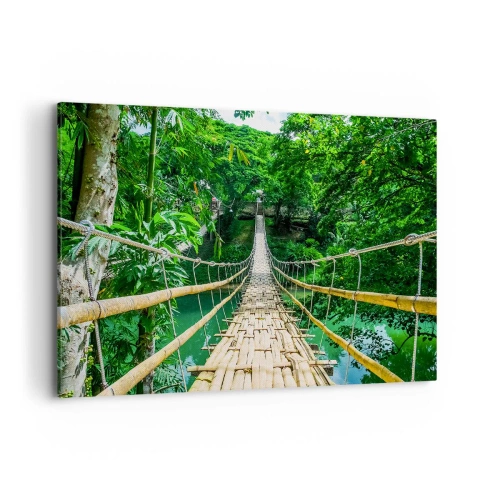 Bild auf Leinwand - Leinwandbild - Eine hängende Bambusbrücke, umgeben von Grün - 100x70cm - Monkey Bridge über das Grün - Moderne Wanddekoration für Wohnzimmer und Schlafzimmer ARTTOR