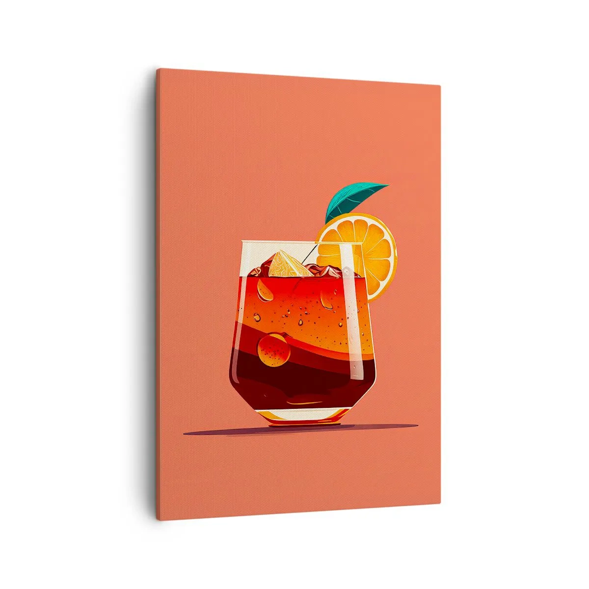 Bild auf Leinwand - Leinwandbild - Ein Glas Getränk und eine Orangenscheibe auf orangefarbenem Hintergrund - 50x70cm - Sommerliche Erfrischung - Moderne Wanddekoration für Wohnzimmer und Schlafzimmer ARTTOR