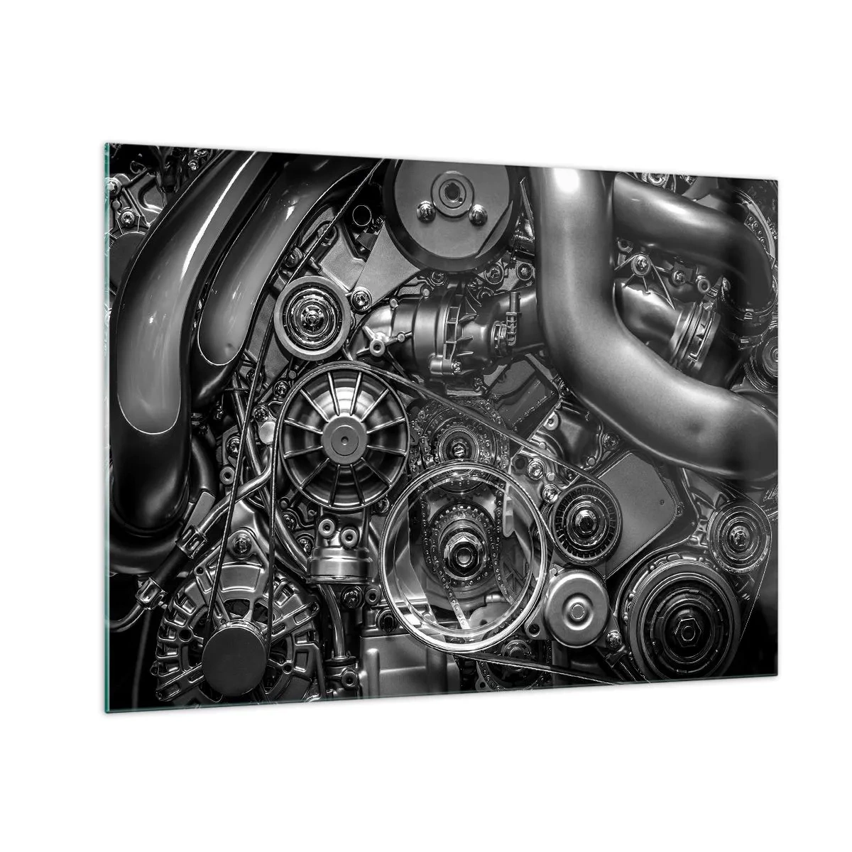 Glasbild - Bild auf glas - Detail eines schwarz-weißen Motors mit sichtbaren Mechanismen - 70x50cm - Die Poesie der Mechanik - Moderne Wanddekoration für Wohnzimmer und Schlafzimmer ARTTOR