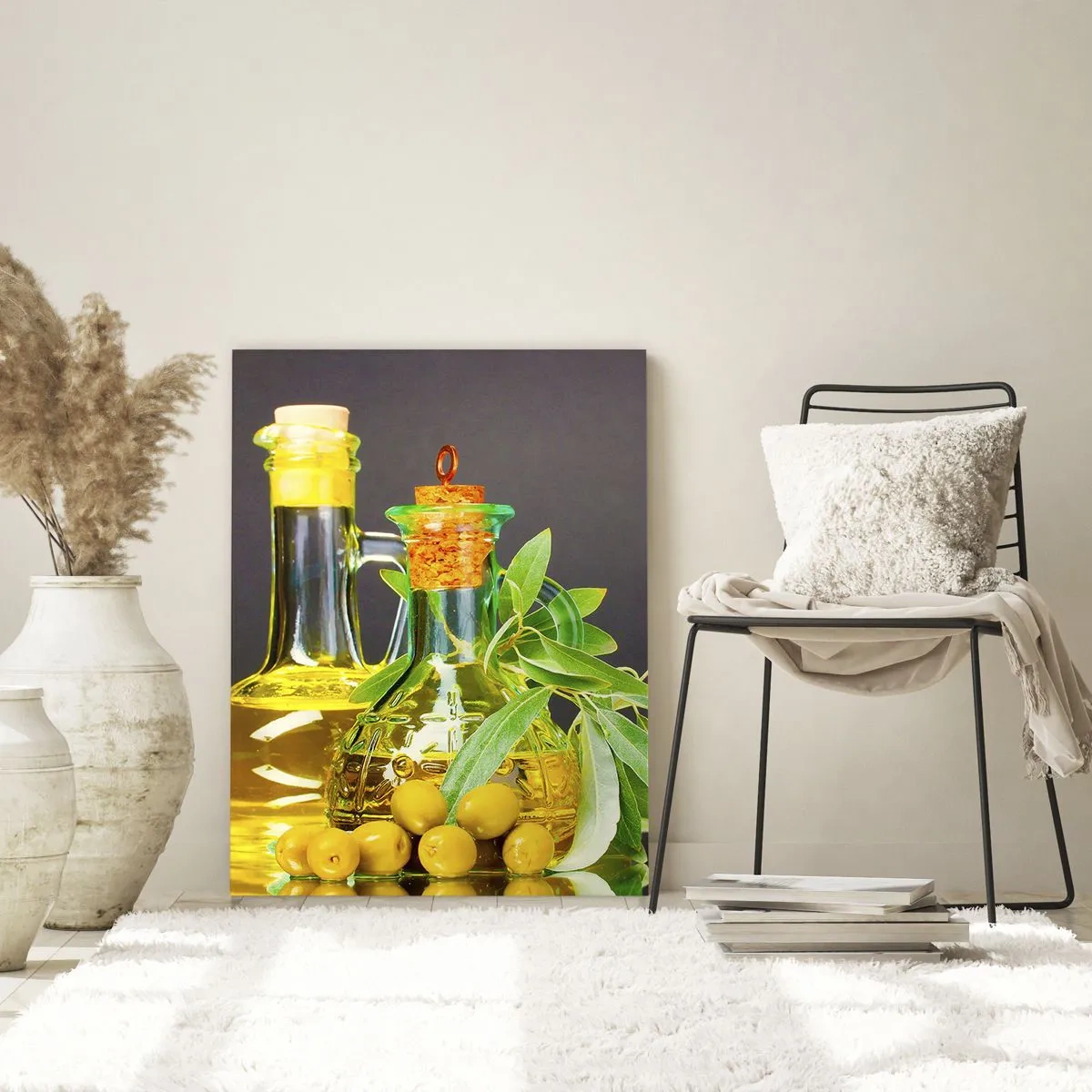 Glasbild - Bild auf glas - Flaschen mit Olivenöl und Olivenbaumzweigen - 80x120cm - Stillleben mit Oliven und Olivenöl - Moderne Wanddekoration für Wohnzimmer und Schlafzimmer ARTTOR